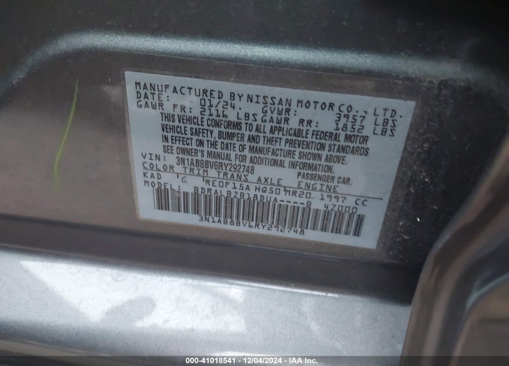 2024 NISSAN SENTRA S XTRONIC CVT VIN: 3N1AB8BV6RY292748