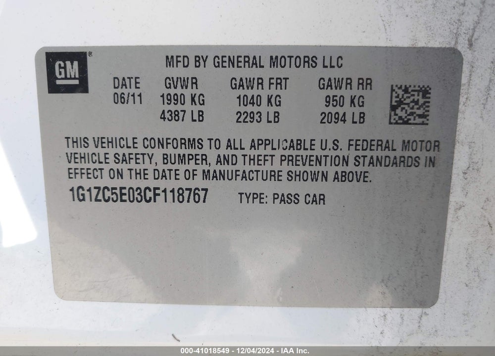 2012 CHEVROLET MALIBU 1LT VIN: 1G1ZC5E03CF118767