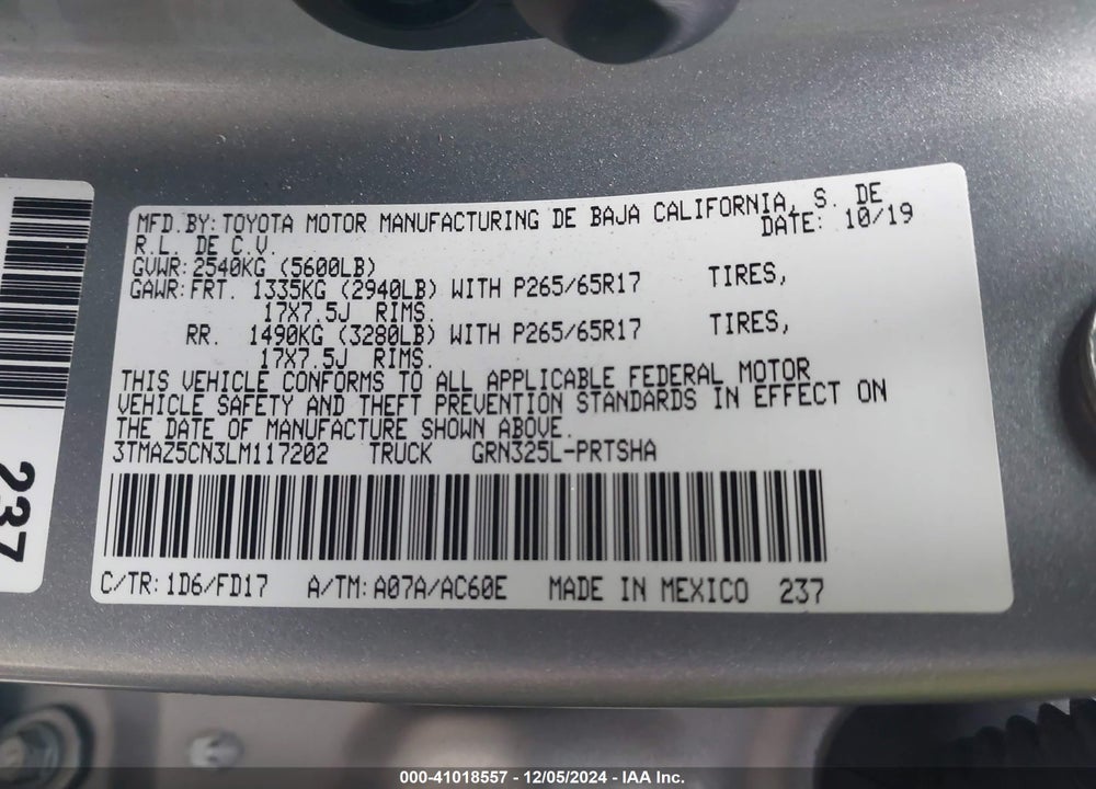 2020 TOYOTA TACOMA TRD SPORT VIN: 3TMAZ5CN3LM117202