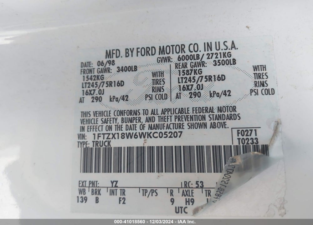1998 FORD F-150 LARIAT/STANDARD/XL/XLT VIN: 1FTZX18W6WKC05207