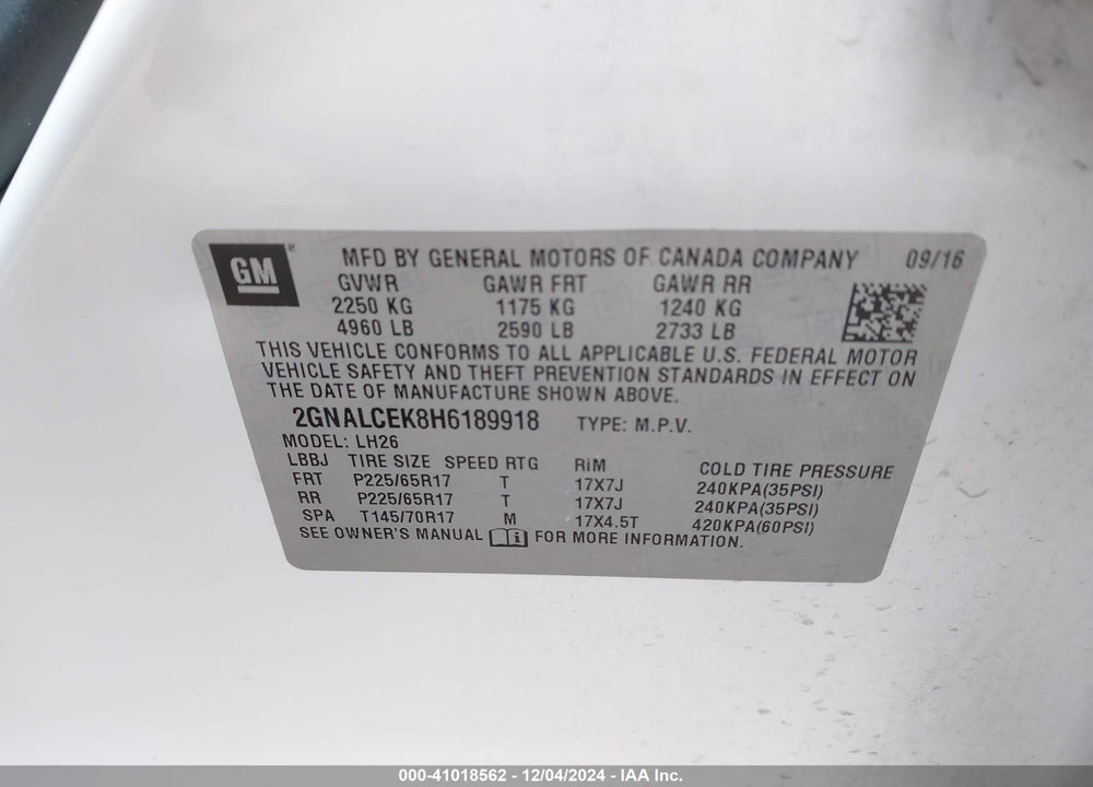 2017 CHEVROLET EQUINOX LT VIN: 2GNALCEK8H6189918