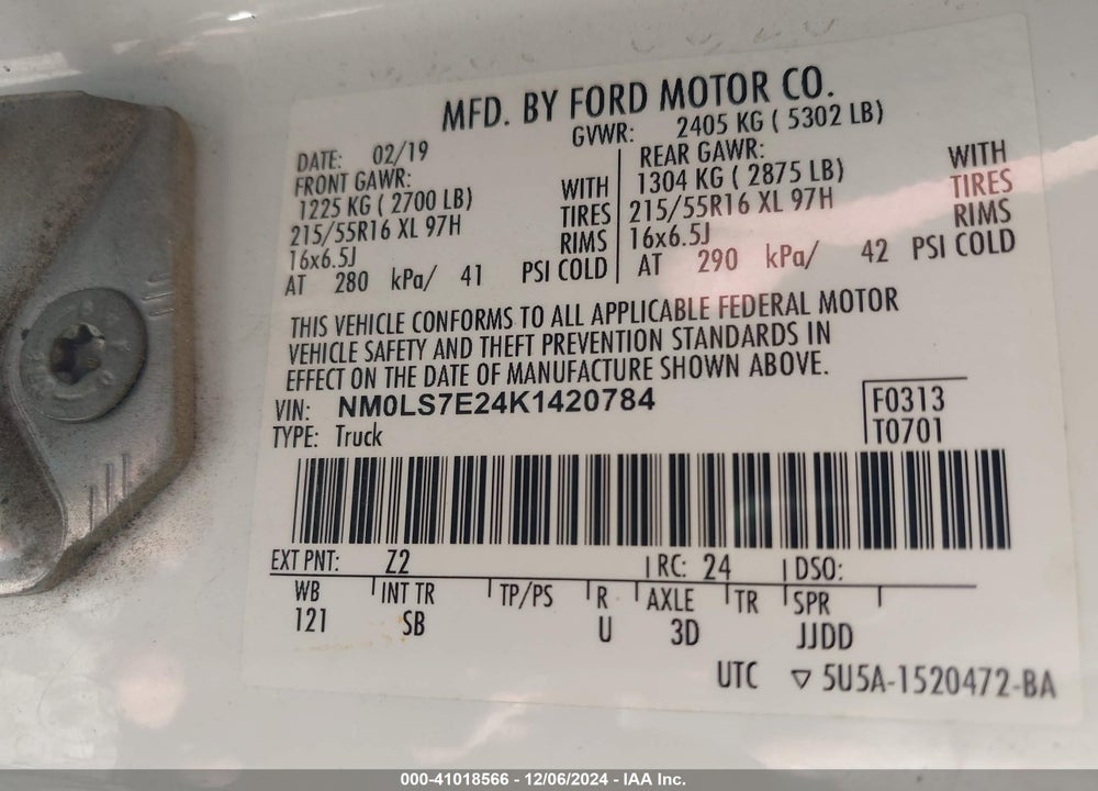 2019 FORD TRANSIT CONNECT XL VIN: NM0LS7E24K1420784