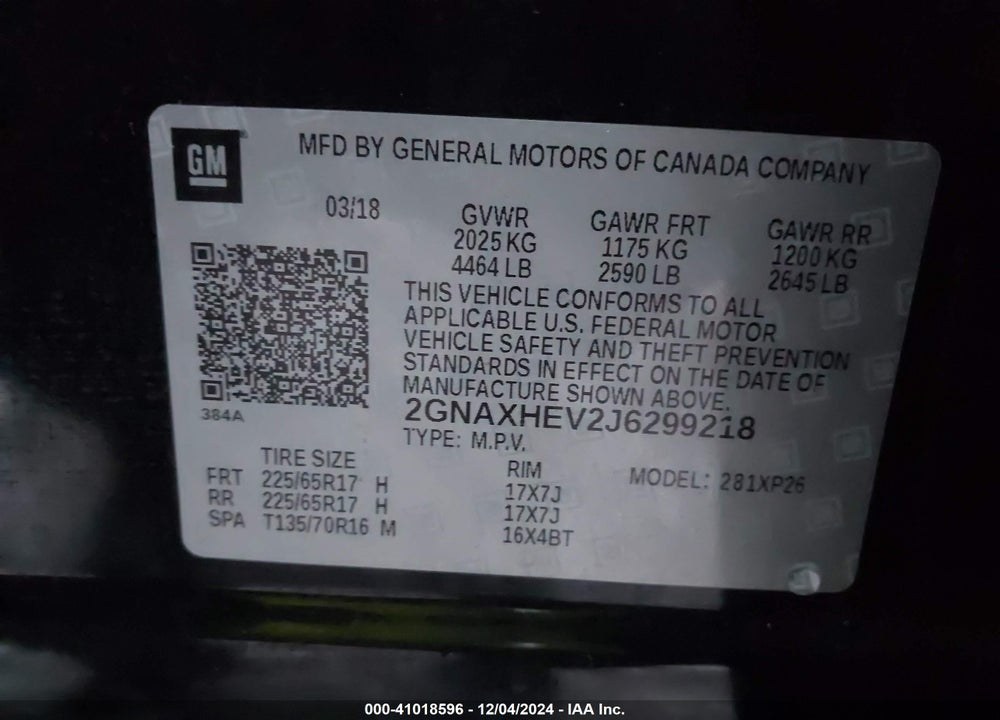 2018 CHEVROLET EQUINOX LS VIN: 2GNAXHEV2J6299218