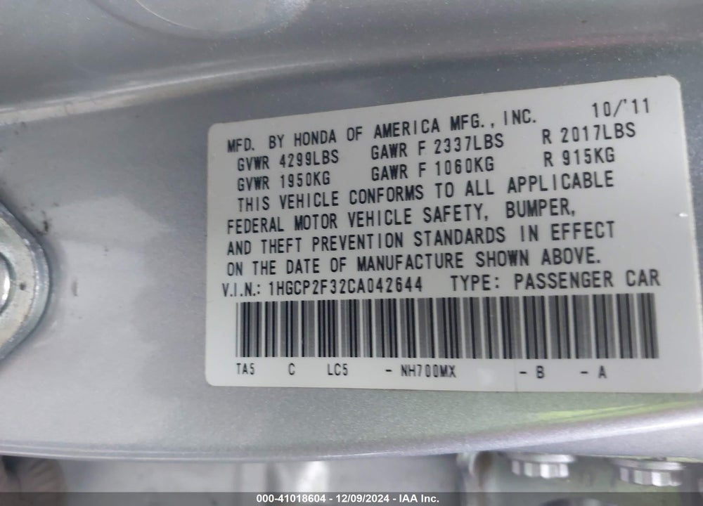 2012 HONDA ACCORD 2.4 LX VIN: 1HGCP2F32CA042644