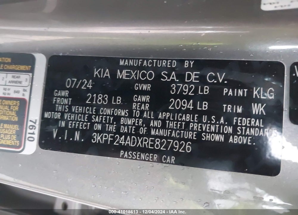 2024 KIA FORTE VIN: 3KPF24ADXRE827926