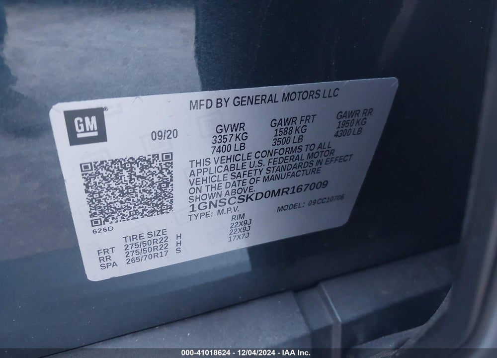 2021 CHEVROLET TAHOE 2WD PREMIER VIN: 1GNSCSKD0MR167009