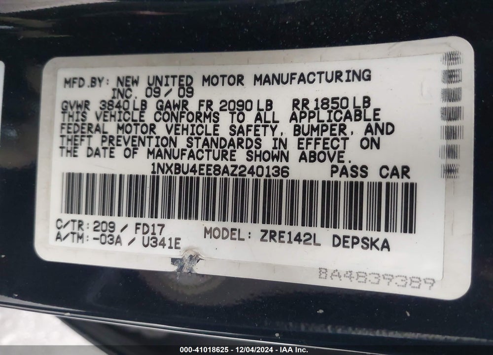 2010 TOYOTA COROLLA S VIN: 1NXBU4EE8AZ240136