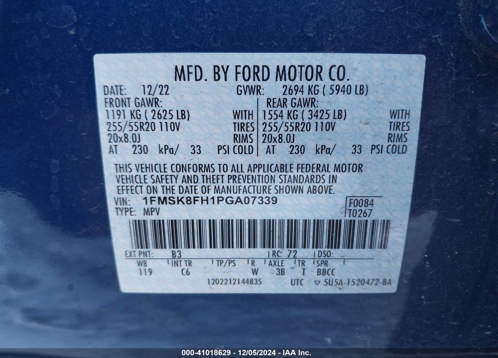 2023 FORD EXPLORER VIN: 1FMSK8FH1PGA07339