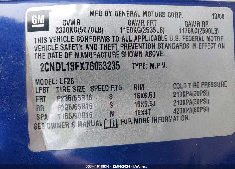 2007 CHEVROLET EQUINOX LS VIN: 2CNDL13FX76053235