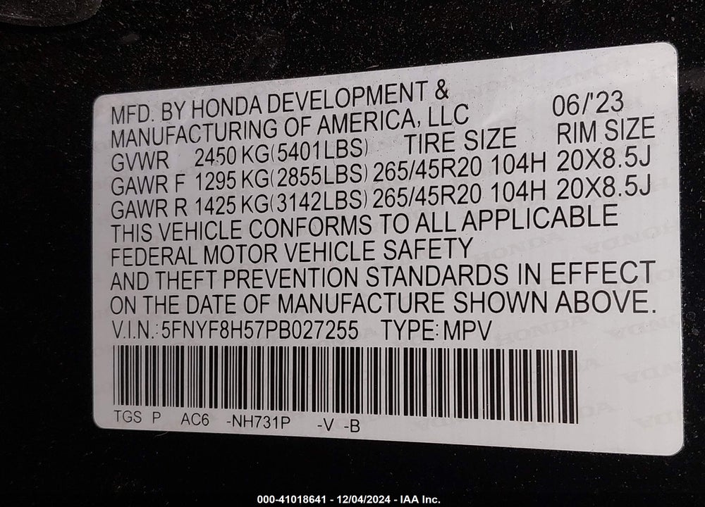 2023 HONDA PASSPORT AWD EX-L VIN: 5FNYF8H57PB027255