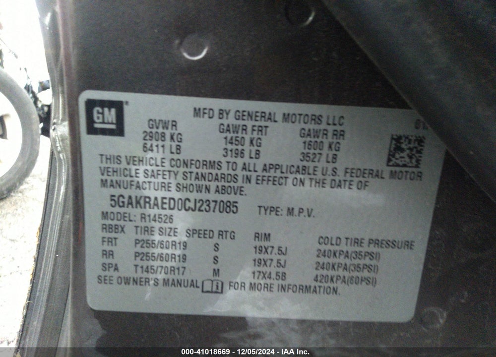2012 BUICK ENCLAVE VIN: 5GAKRAED0CJ237085