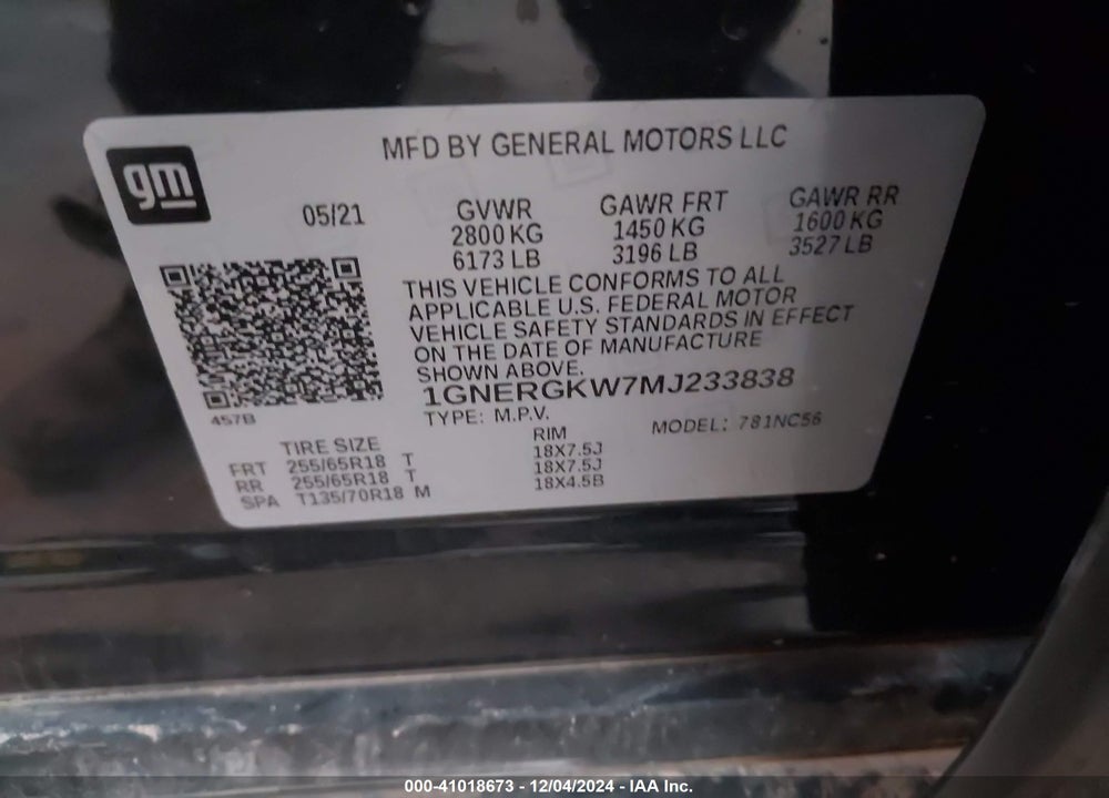 2021 CHEVROLET TRAVERSE FWD LT CLOTH VIN: 1GNERGKW7MJ233838