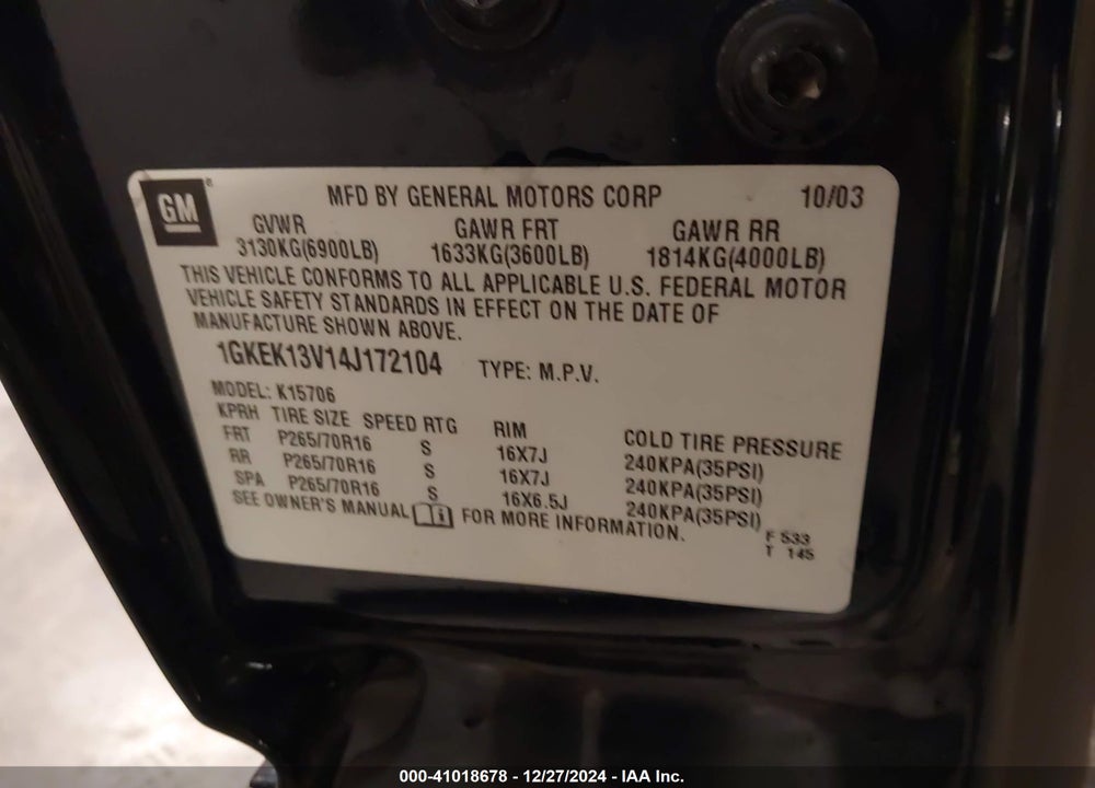 2004 GMC YUKON SLE VIN: 1GKEK13V14J172104