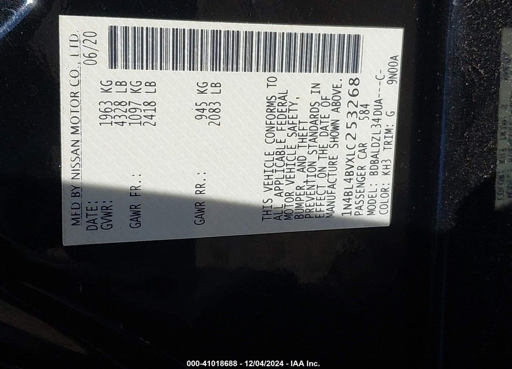 2020 NISSAN ALTIMA S FWD VIN: 1N4BL4BVXLC253268