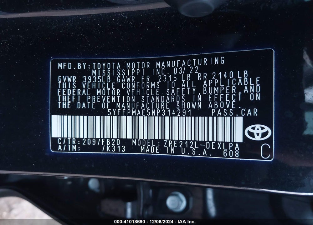2022 TOYOTA COROLLA VIN: 5YFEPMAE5NP314291