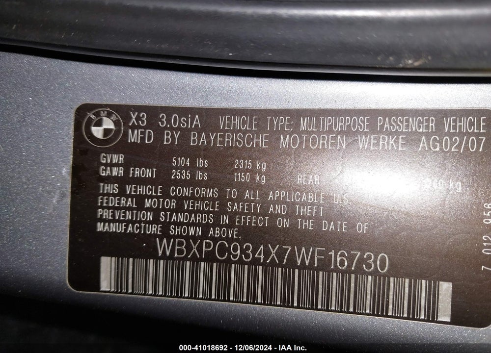 2007 BMW X3 3.0SI VIN: WBXPC934X7WF16730