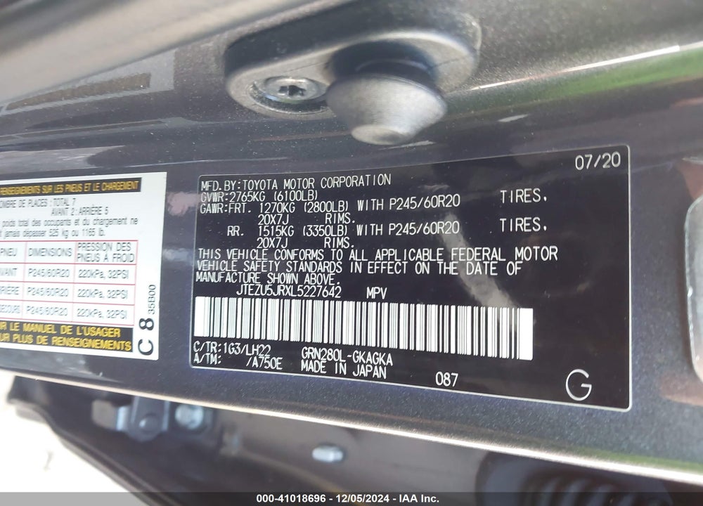2020 TOYOTA 4RUNNER NIGHTSHADE SPECIAL EDITION VIN: JTEZU5JRXL5227642