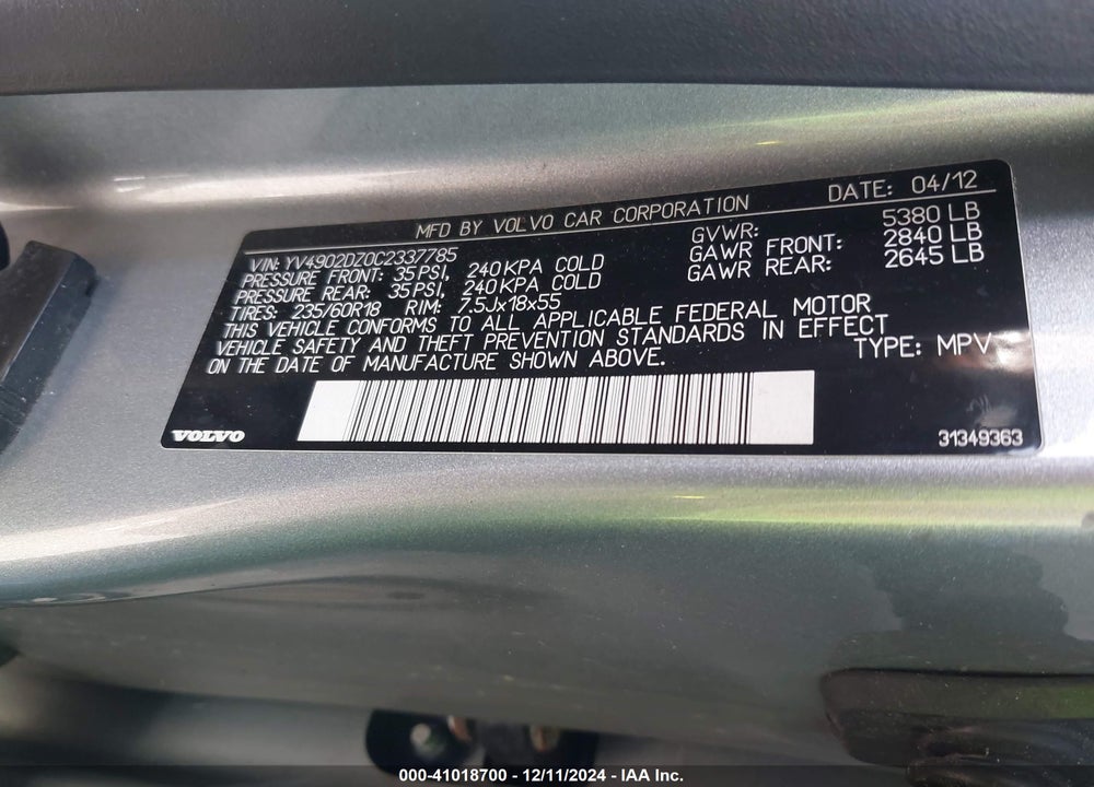2012 VOLVO XC60 T6/T6 PLATINUM/T6 PREMIER PLUS/T6 R-DESIGN/T6 R-DESIGN PLATINUM/T6 R-DESIGN PREMIER PLUS VIN: YV4902DZ0C2337785