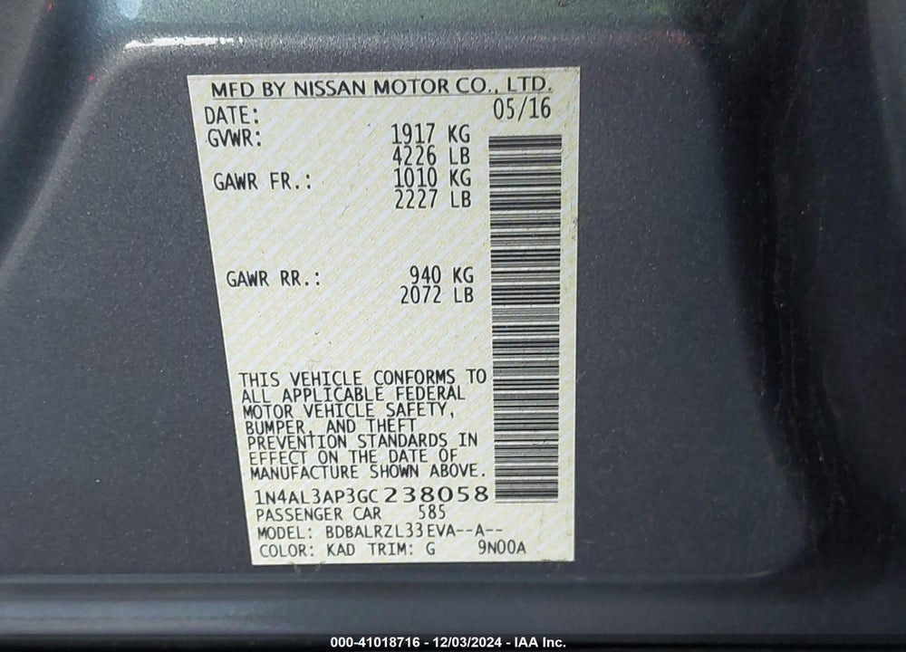 2016 NISSAN ALTIMA 2.5 SL VIN: 1N4AL3AP3GC238058