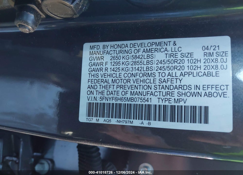 2021 HONDA PILOT AWD TOURING 7 PASSENGER VIN: 5FNYF6H65MB075541