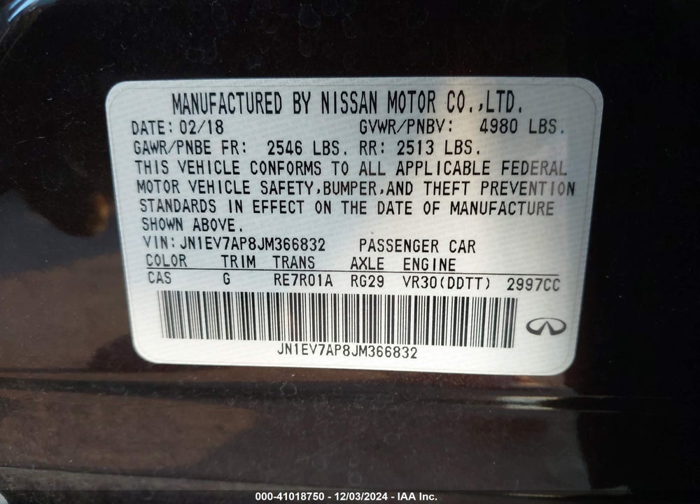 2018 INFINITI Q50 3.0T LUXE VIN: JN1EV7AP8JM366832