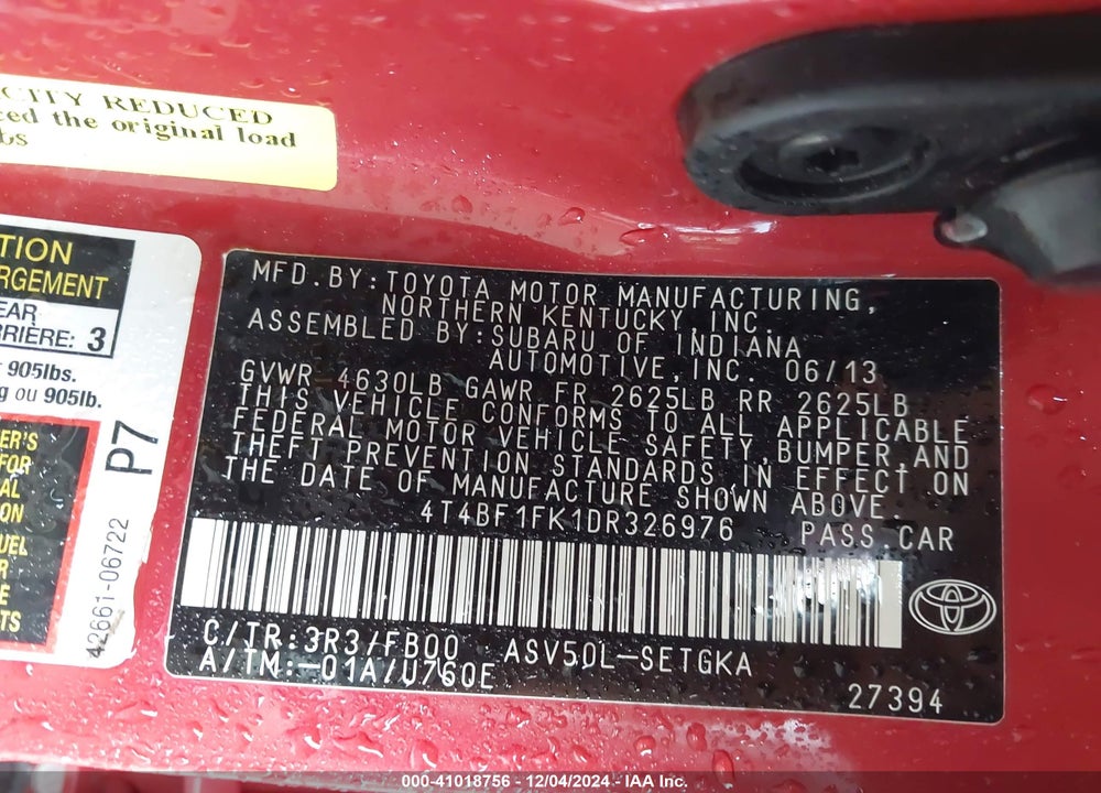 2013 TOYOTA CAMRY XLE VIN: 4T4BF1FK1DR326976