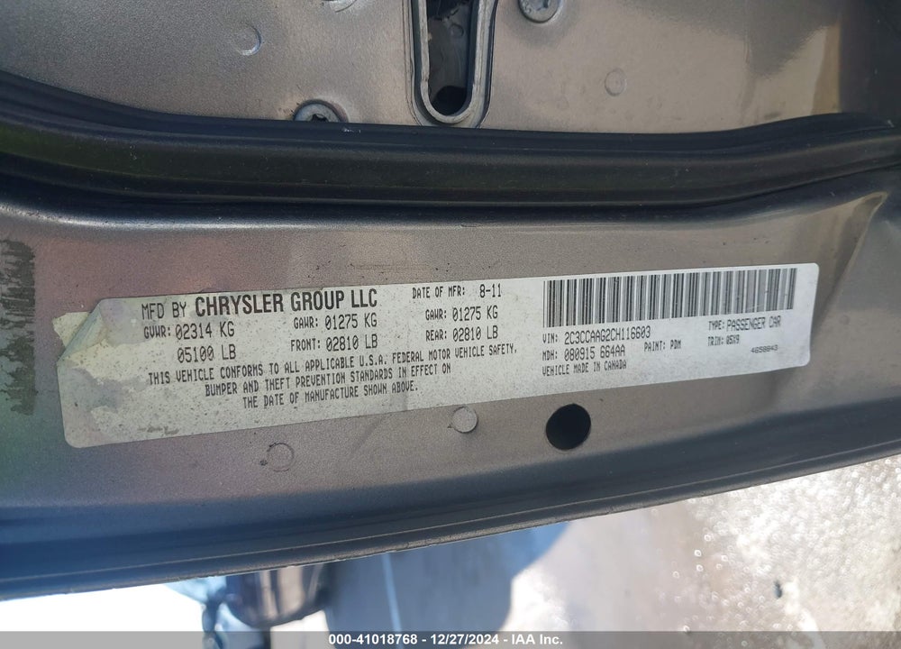 2012 CHRYSLER 300 VIN: 2C3CCAAG2CH116603