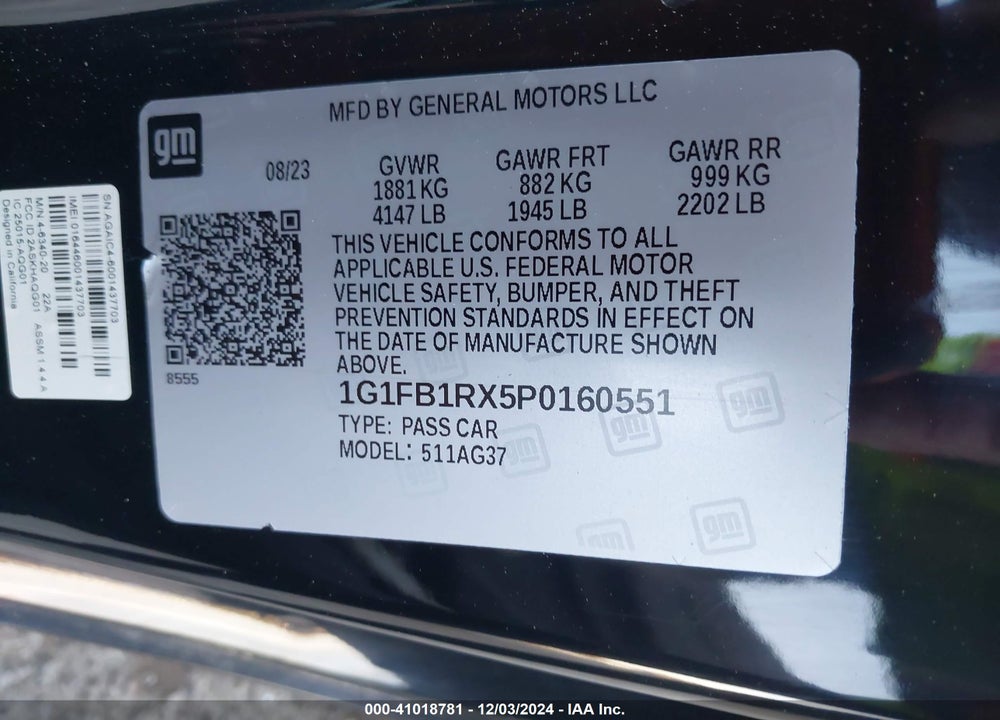 2023 CHEVROLET CAMARO VIN: 1G1FB1RX5P0160551