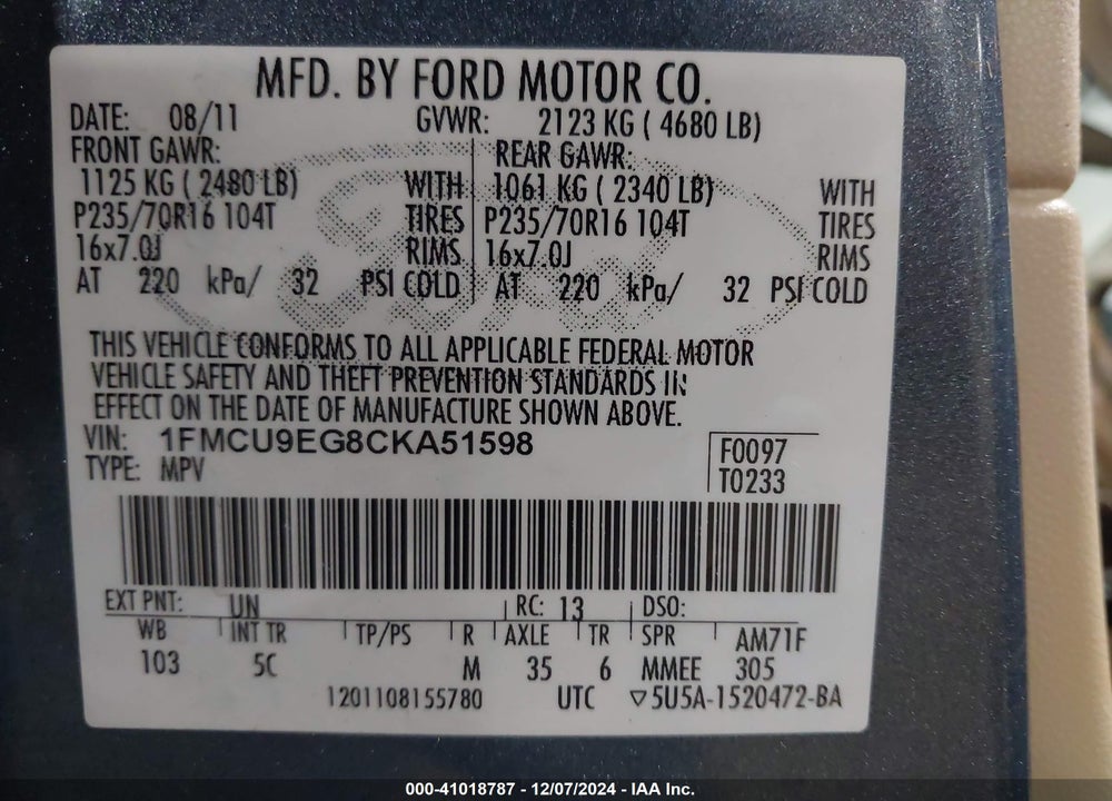 2012 FORD ESCAPE LIMITED VIN: 1FMCU9EG8CKA51598