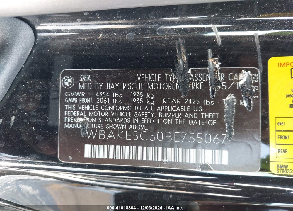 2011 BMW 328I VIN: WBAKE5C50BE755067