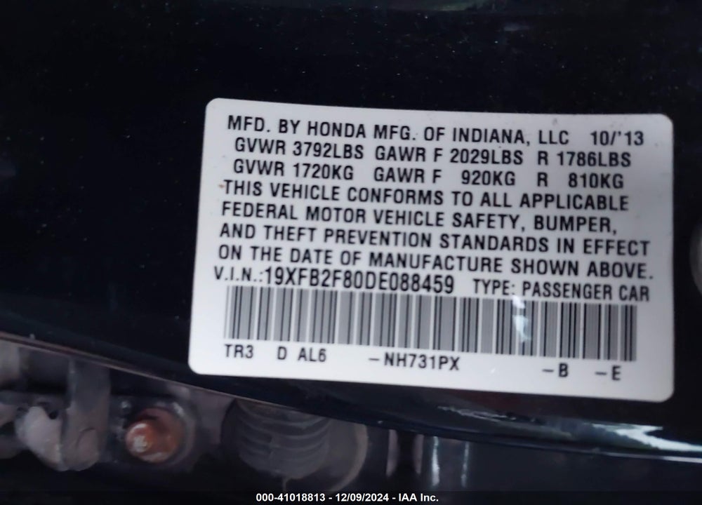 2013 HONDA CIVIC VIN: 19XFB2F80DE088459