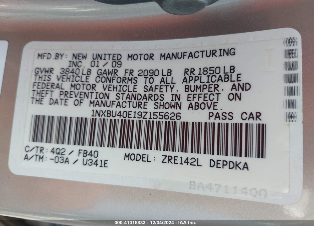 2009 TOYOTA COROLLA LE VIN: 1NXBU40E19Z155626