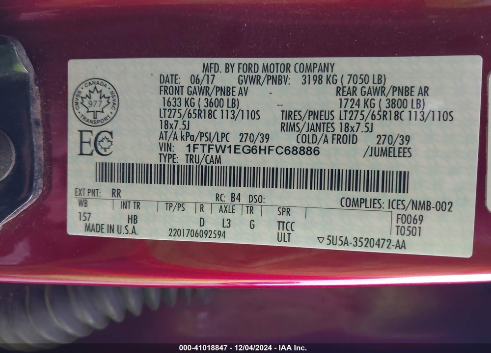 2017 FORD F-150 VIN: 1FTFW1EG6HFC68886