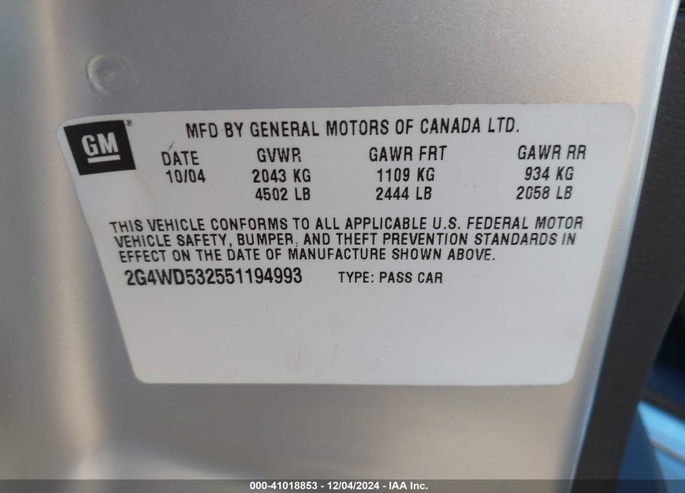 2005 BUICK LACROSSE CXL VIN: 2G4WD532551194993