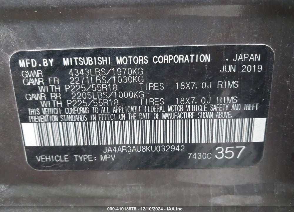 2019 MITSUBISHI OUTLANDER SPORT 2.0 ES VIN: JA4AR3AU8KU032942