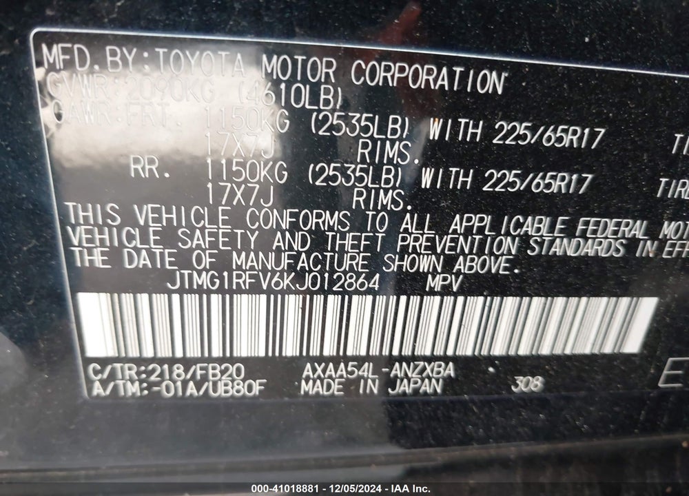 2019 TOYOTA RAV4 LE VIN: JTMG1RFV6KJ012864