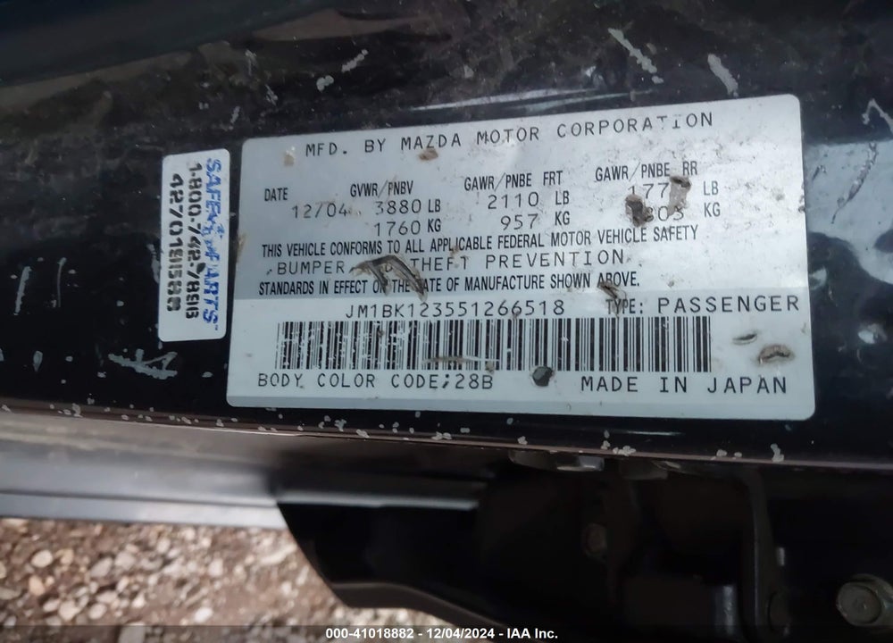 2005 MAZDA 3 SP23 VIN: JM1BK123551266518