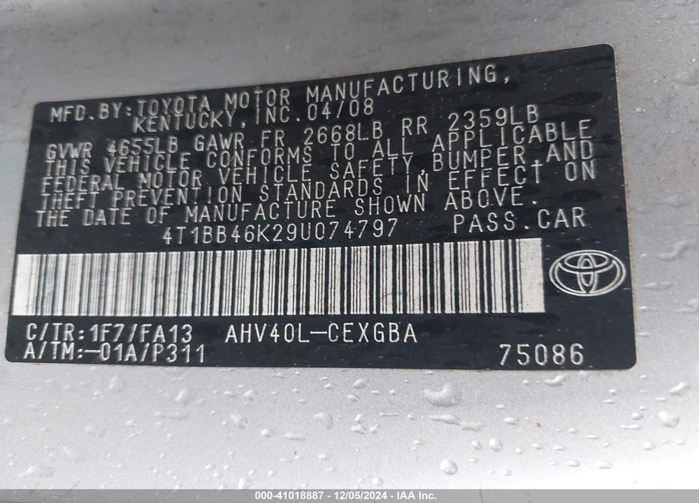 2009 TOYOTA CAMRY HYBRID VIN: 4T1BB46K29U074797