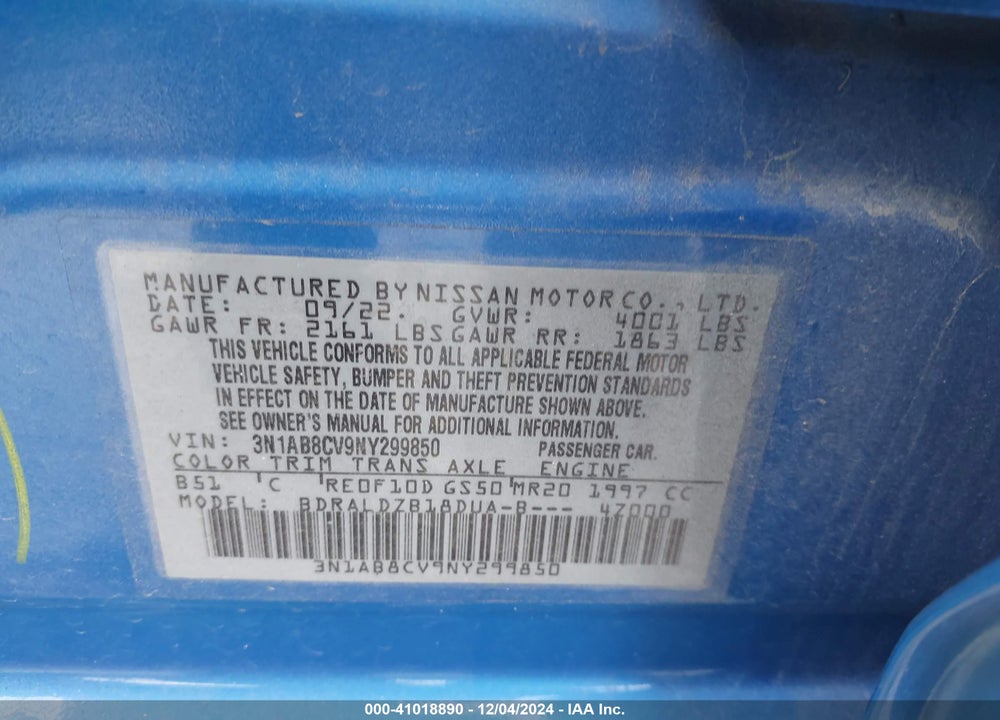 2022 NISSAN SENTRA SV XTRONIC CVT VIN: 3N1AB8CV9NY299850