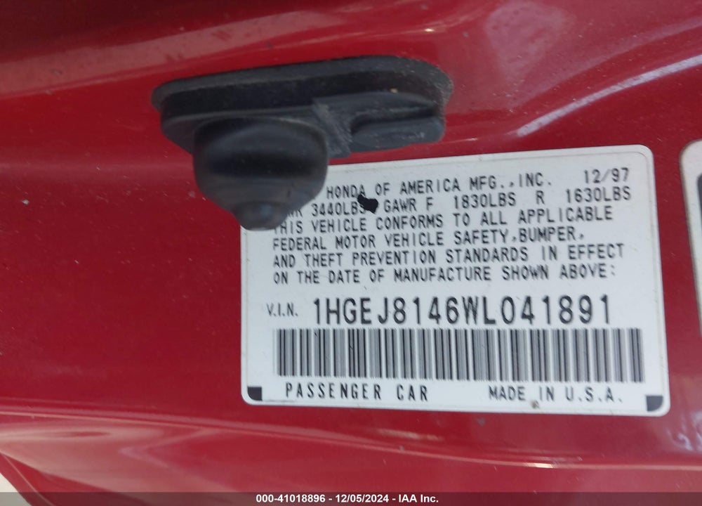 1998 HONDA CIVIC EX VIN: 1HGEJ8146WL041891