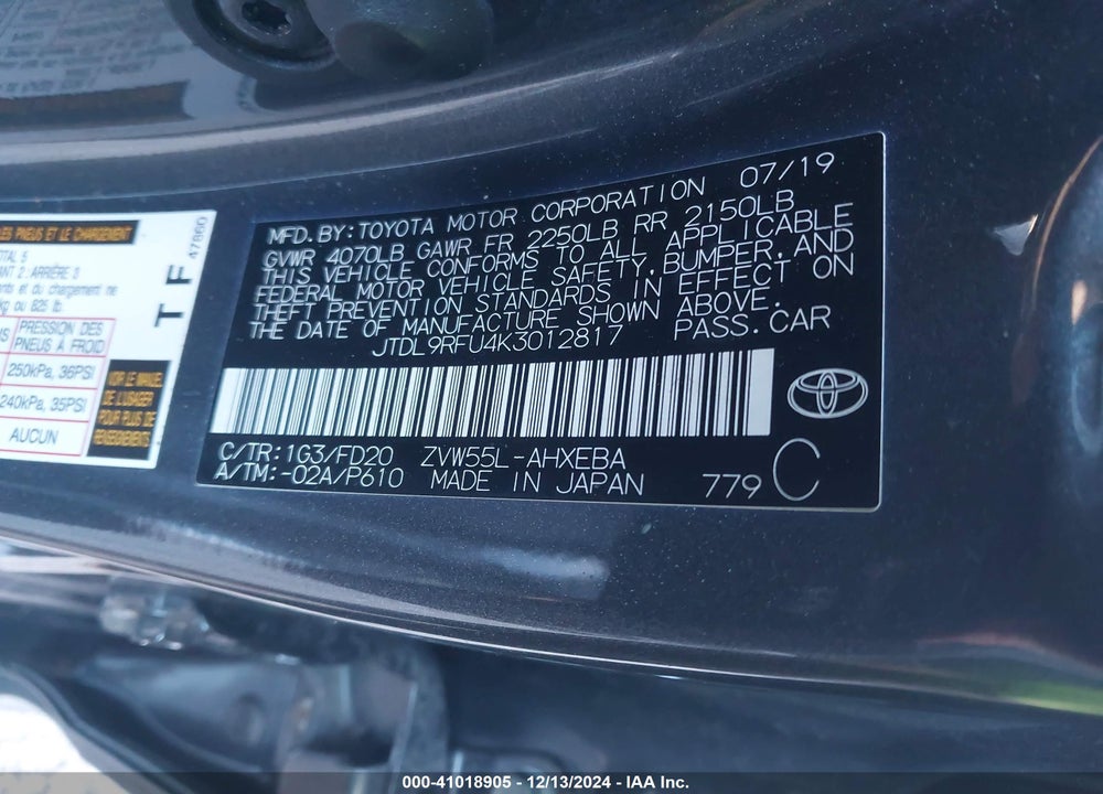 2019 TOYOTA PRIUS VIN: JTDL9RFU4K3012817