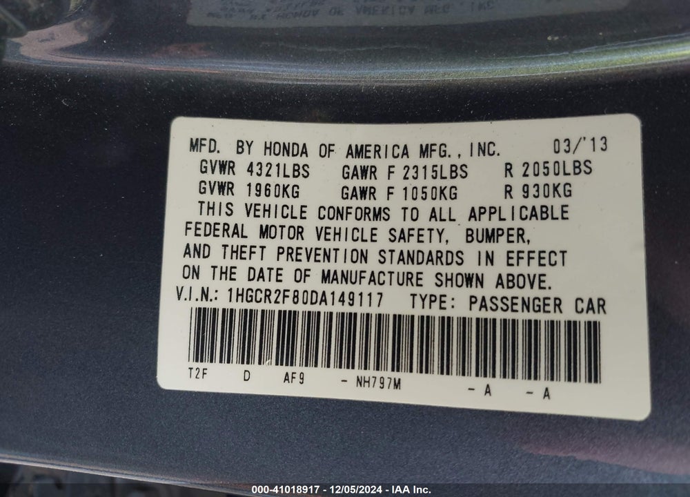 2013 HONDA ACCORD EX-L VIN: 1HGCR2F80DA149117