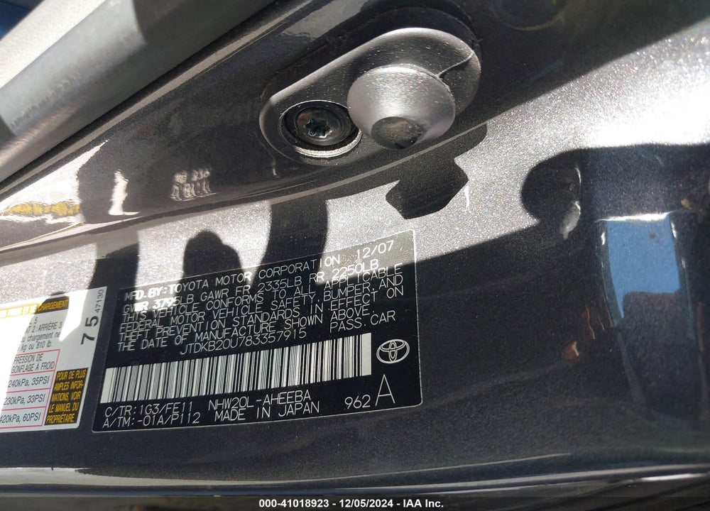 2008 TOYOTA PRIUS VIN: JTDKB20U783357915