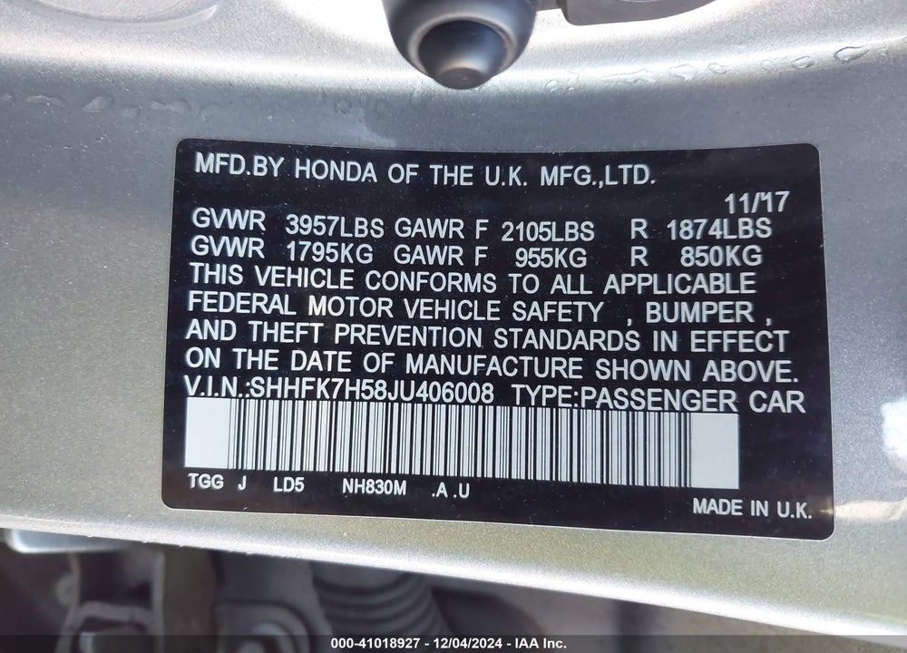 2018 HONDA CIVIC EX VIN: SHHFK7H58JU406008