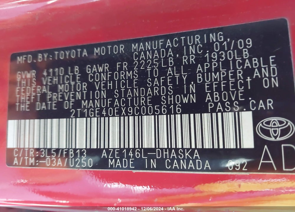 2009 TOYOTA MATRIX XRS VIN: 2T1GE40EX9C005616