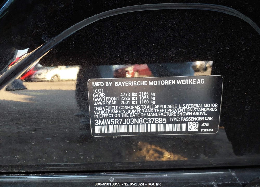 2022 BMW 330I VIN: 3MW5R7J03N8C37885