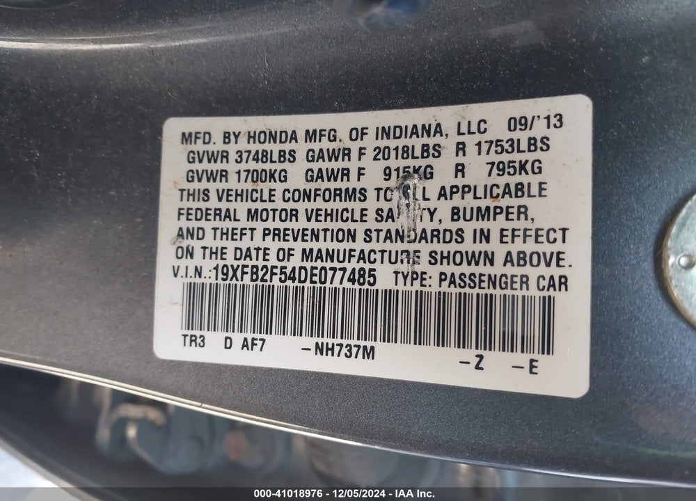 2013 HONDA CIVIC LX VIN: 19XFB2F54DE077485