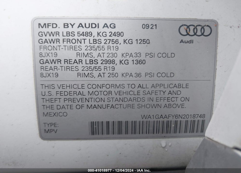 2022 AUDI Q5 PREMIUM 45 TFSI S LINE QUATTRO S TRONIC VIN: WA1GAAFY6N2018748