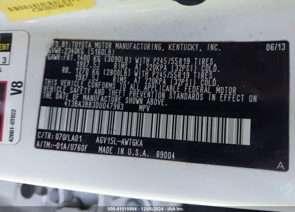 2013 TOYOTA VENZA XLE VIN: 4T3BA3BB3DU047983