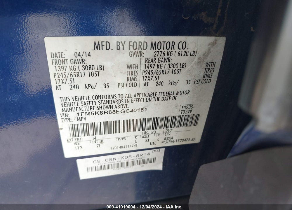 2014 FORD EXPLORER VIN: 1FM5K8B88EGC40151